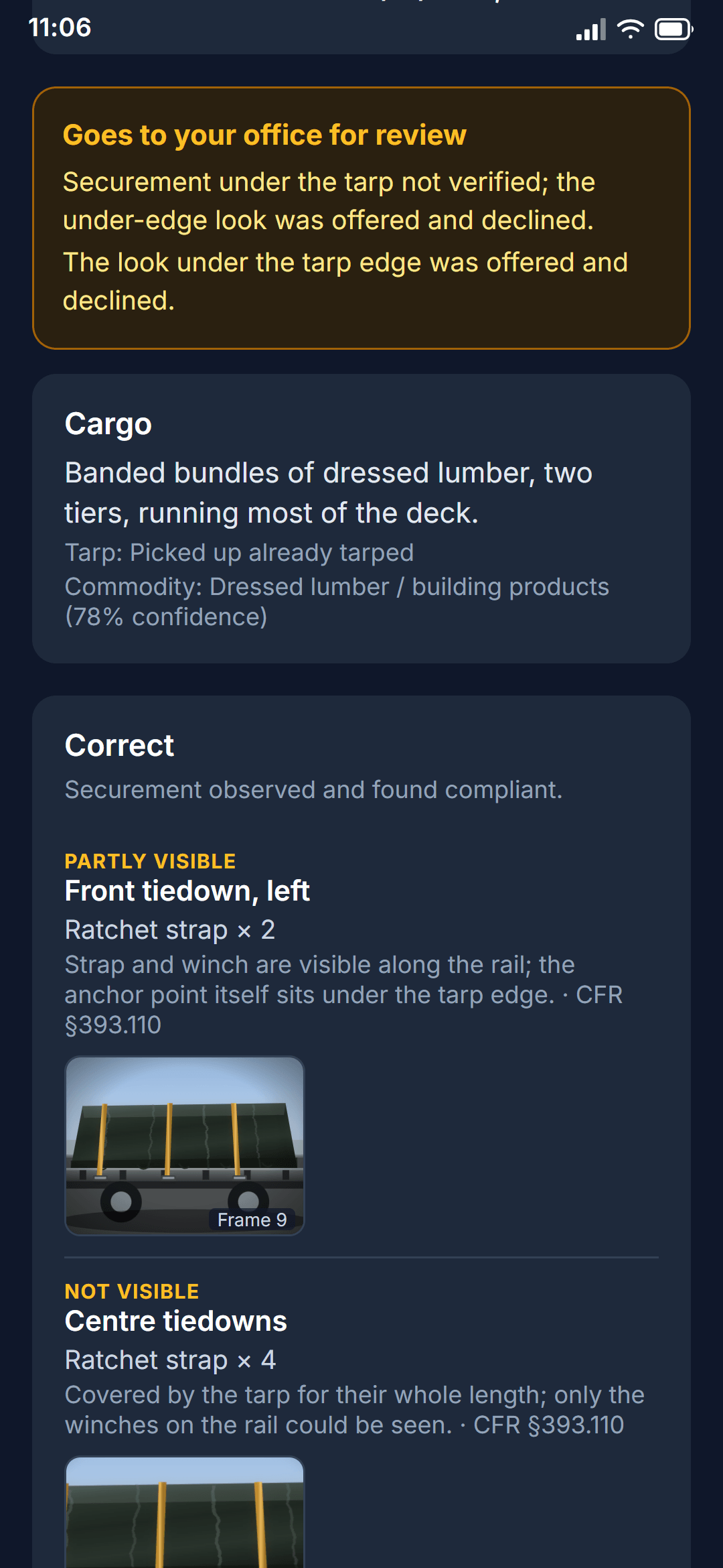 A cargo check on a load that arrived already tarped: the report goes to the office for review because the securement under the tarp was never seen, and each tiedown is marked partly visible or not visible rather than passed.