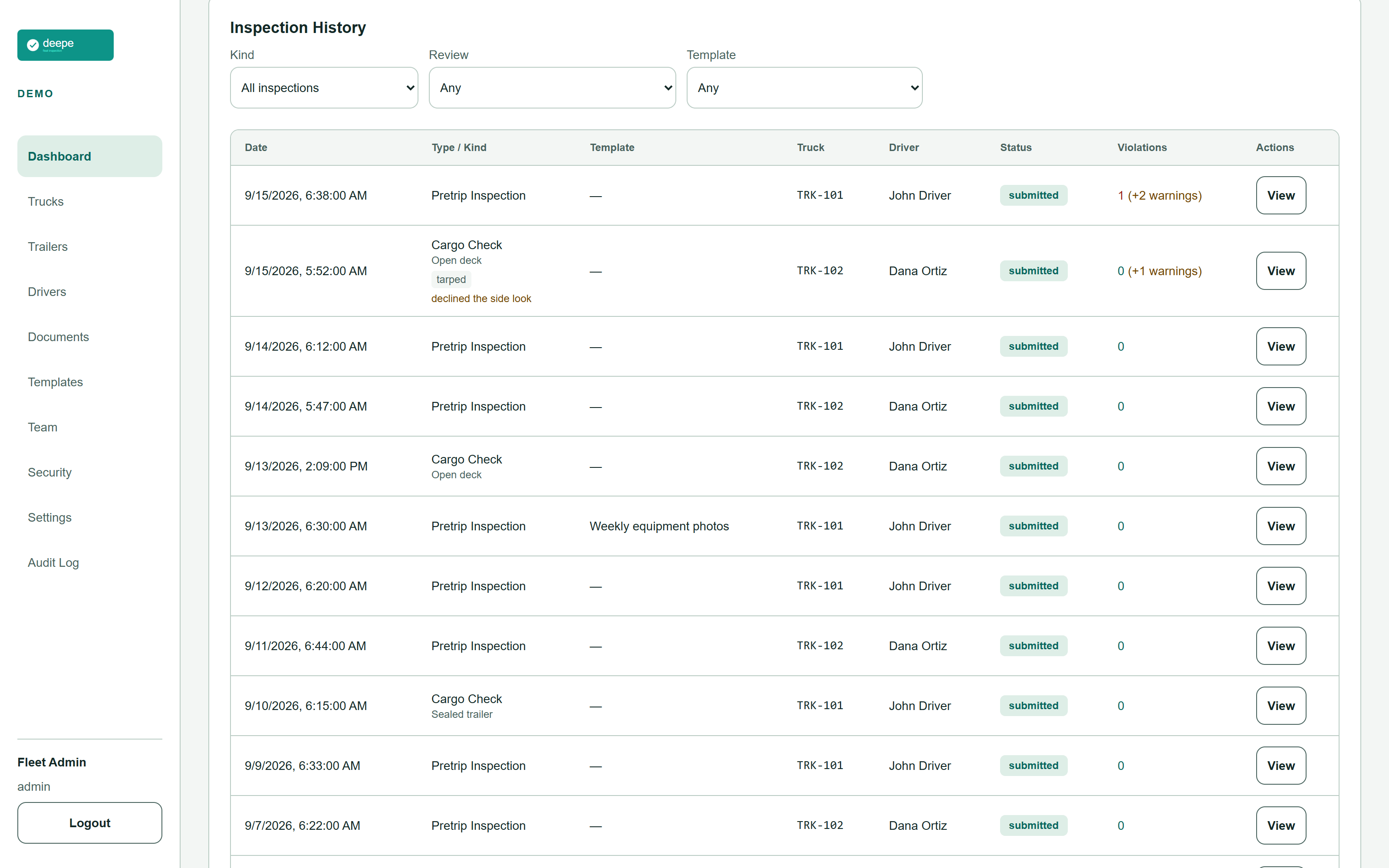 The fleet dashboard's inspection history: kind, template, truck, driver, status and violation count for every inspection, and the review reason on the one cargo check that could not see the securement under the tarp.