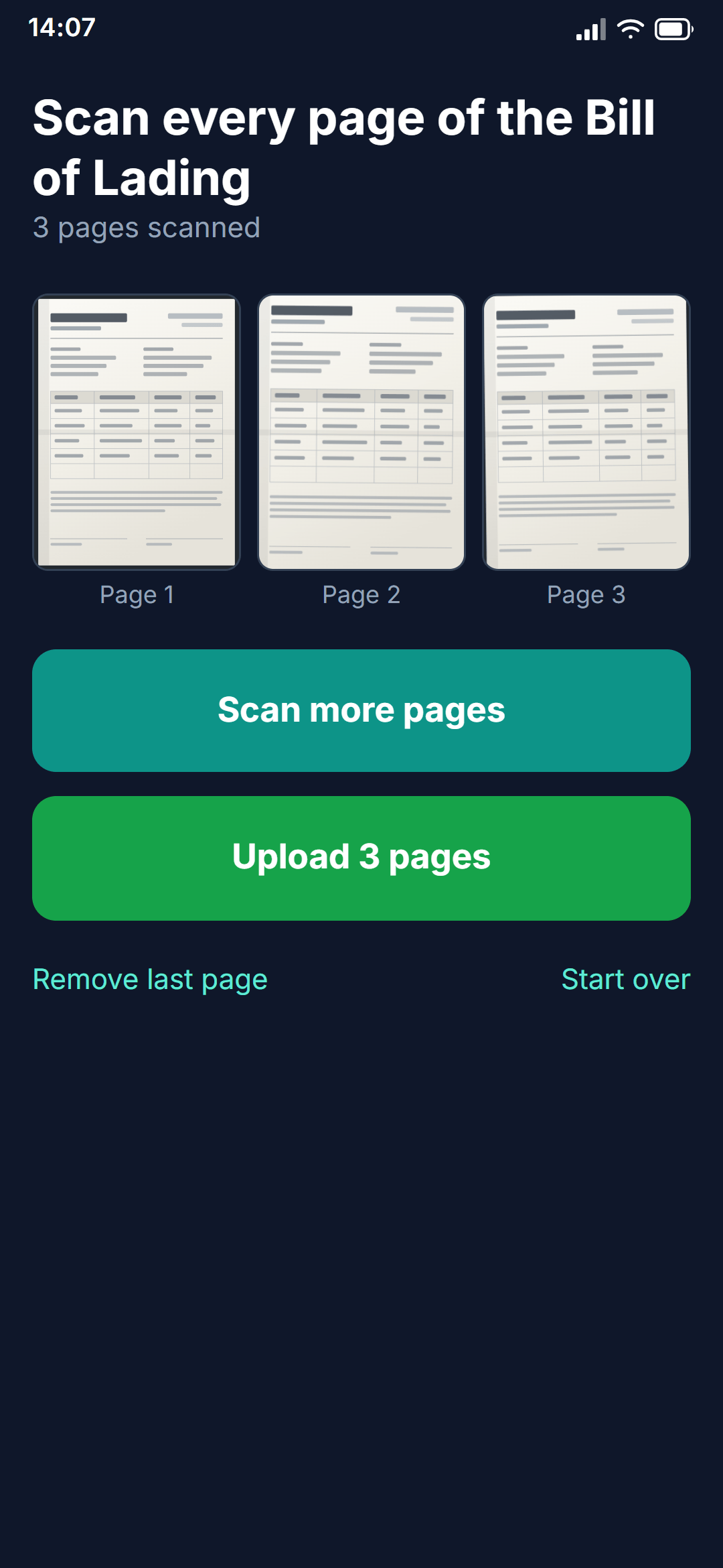 The document scanner after three pages of a bill of lading have been cropped and straightened, ready to upload.