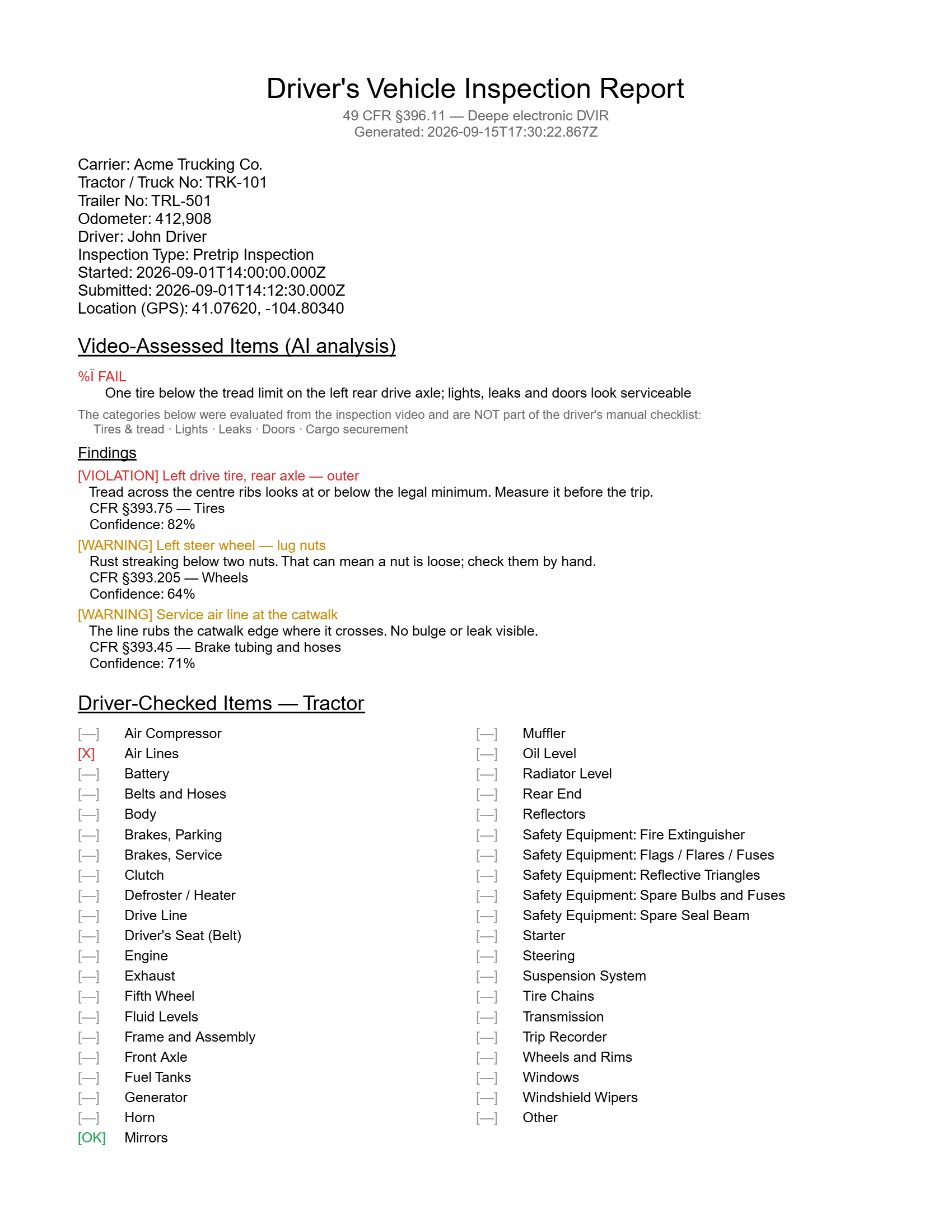 Page one of the generated DVIR: carrier, tractor, trailer, driver and odometer, the video-assessed summary, each finding with its CFR section and confidence, and the start of the driver-checked tractor items.