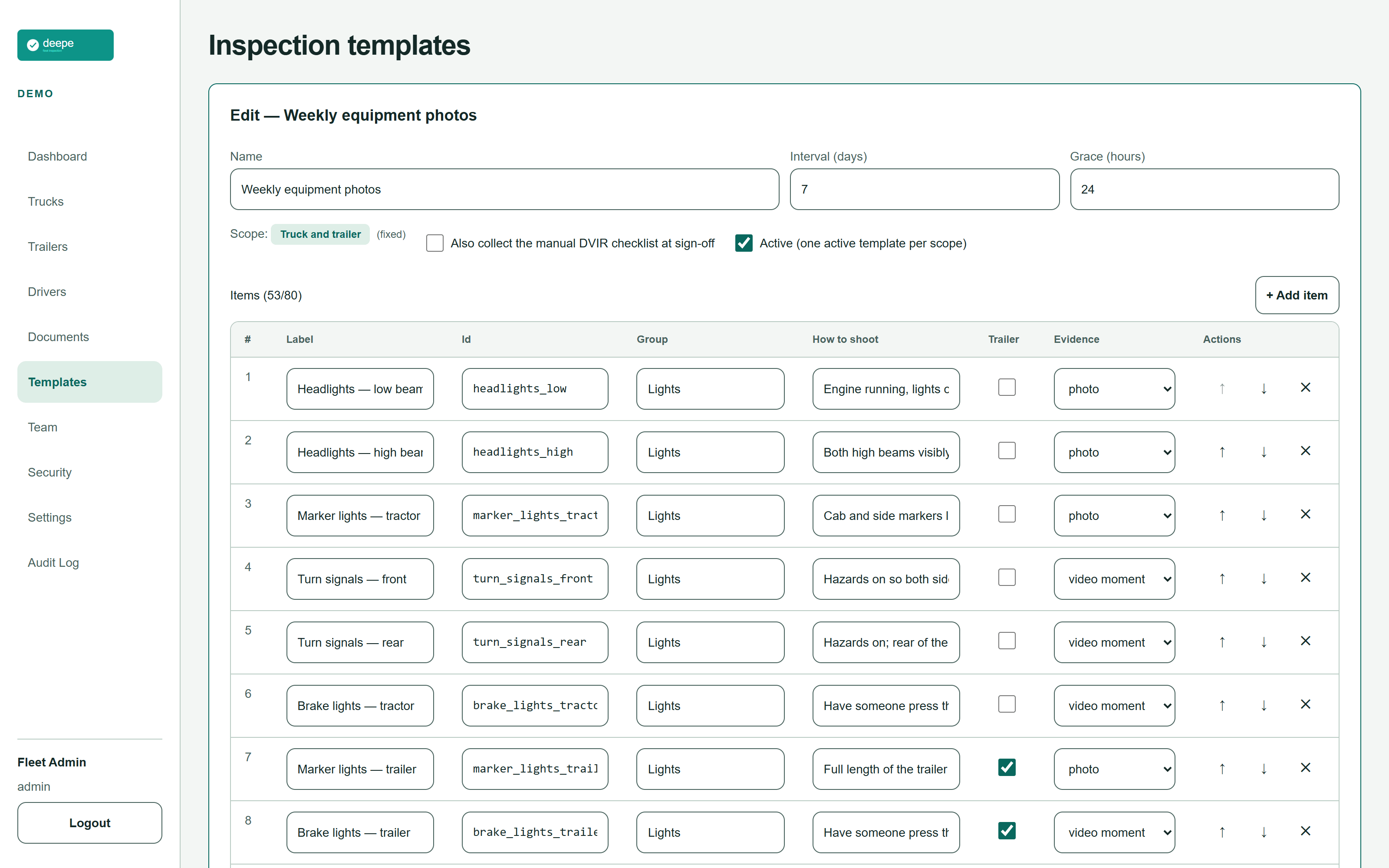 The template editor in the admin: the weekly equipment-photos checklist with its seven-day interval, its 24-hour grace period, and the items with the shooting instruction and evidence type for each.
